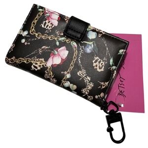 Betsey Johnson Xoleah Card Case Wallet Black Floral Leopard Gold Chain NWT